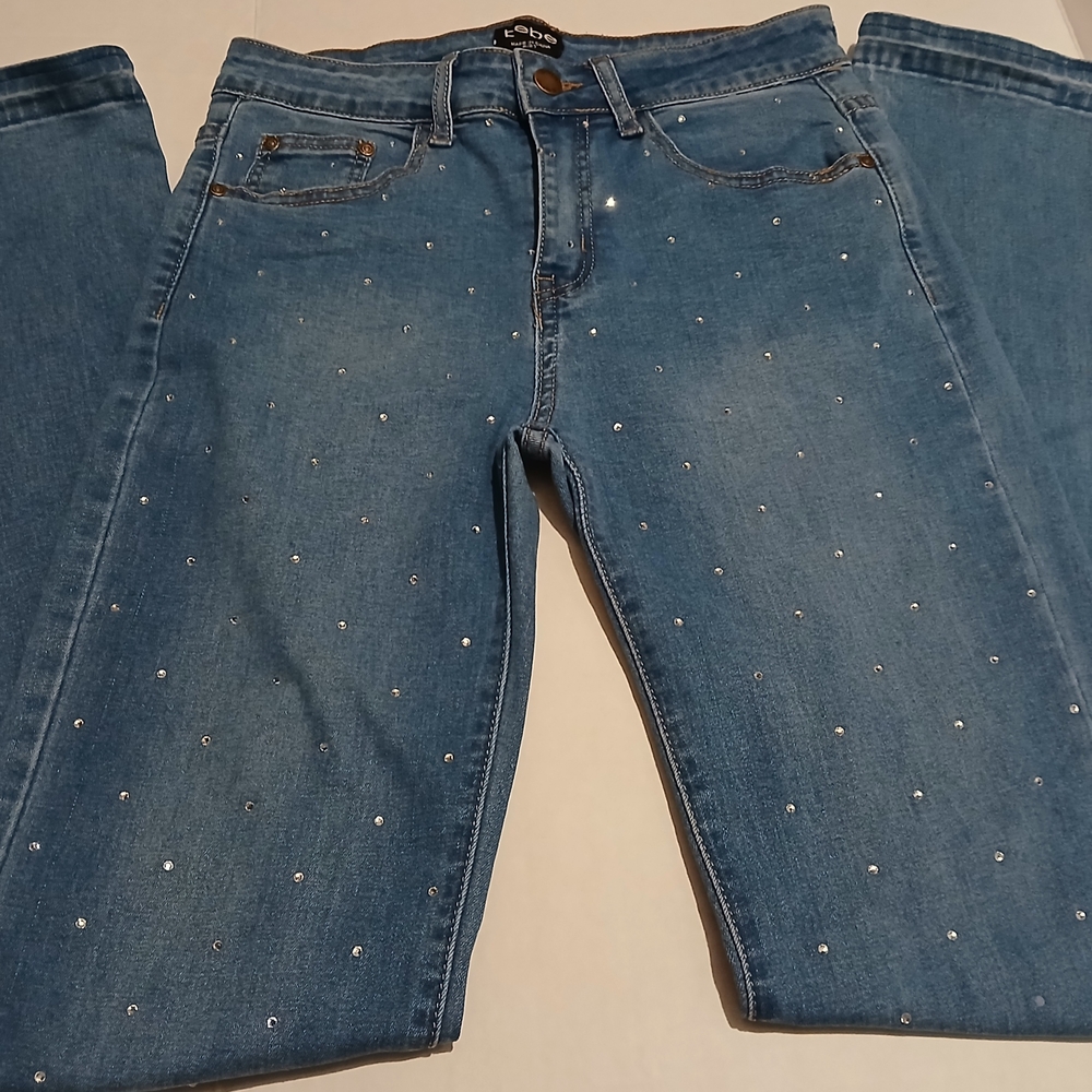 Bebe Woman's Straight Leg Mid Rise Jeans Rhinestone Size 27 Blue Denim Jeans #5A - Picture 13 of 16